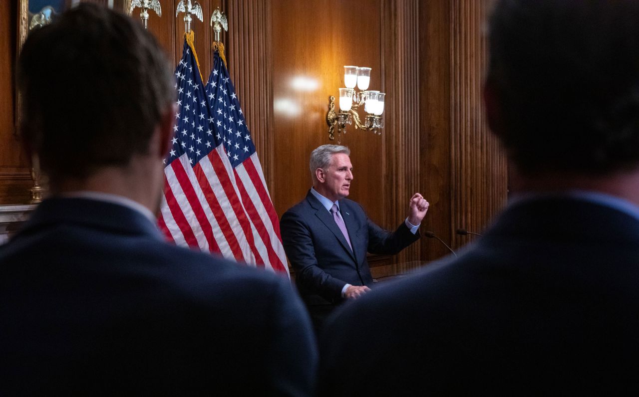 Former Speaker Kevin McCarthy speaks to the press after the motion to vacate his position passes in the US Capitol on October 3 in Washington, DC.