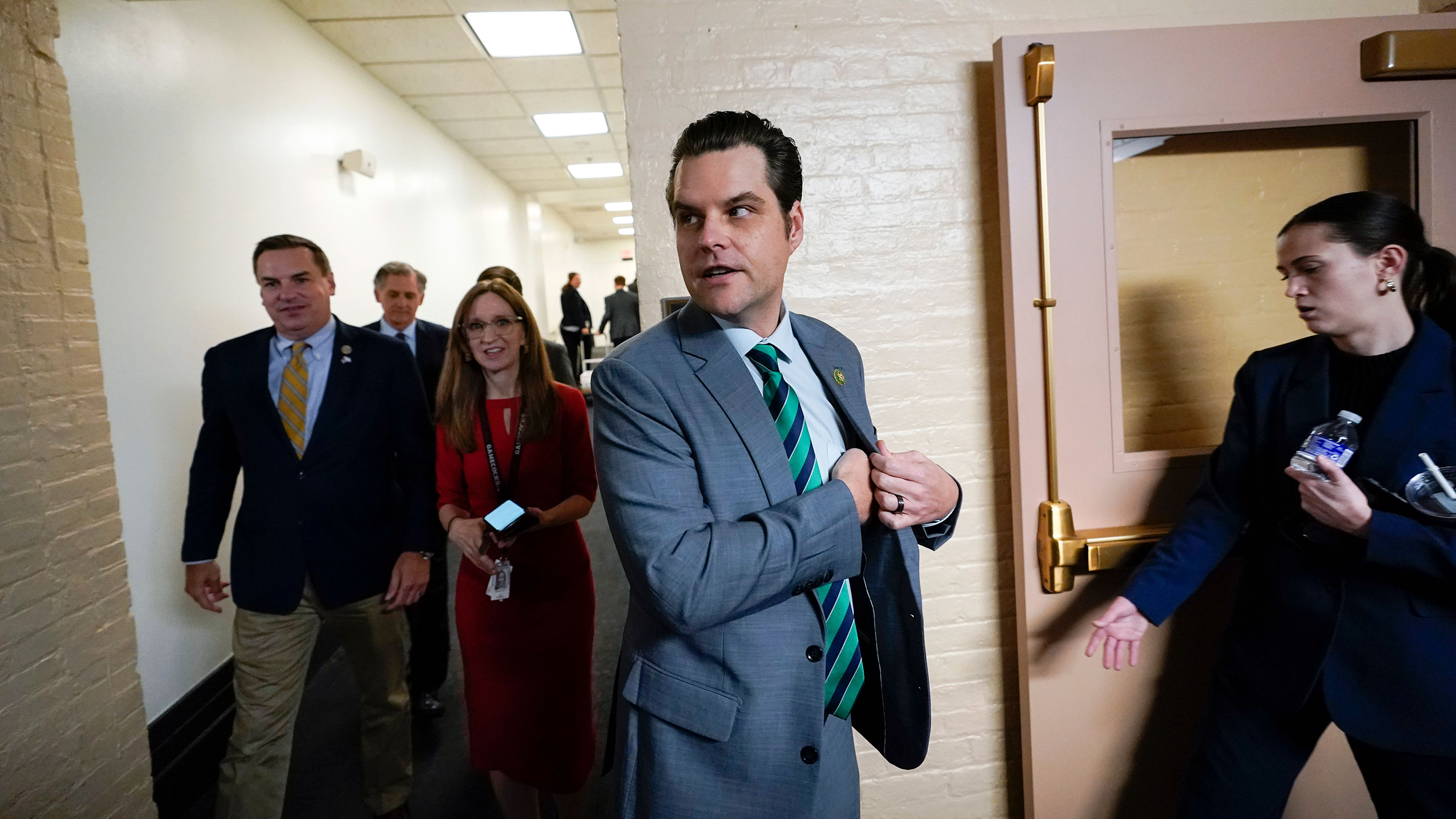 Rep. Matt Gaetz leaves a Republican caucus meeting at the Capitol in Washington, DC, on Thursday.